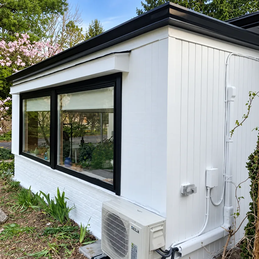 White-sided exterior with black window trim and air-conditioning unit.